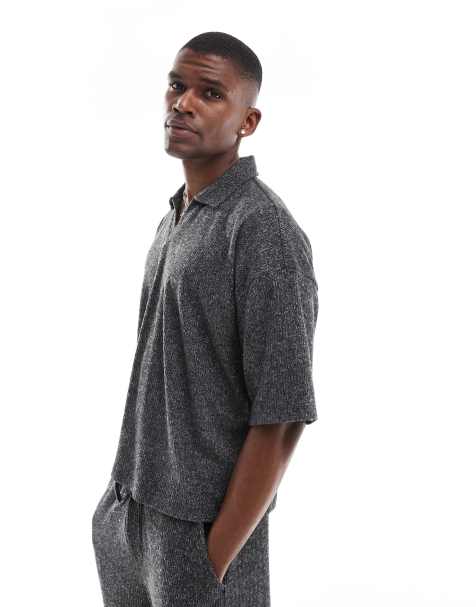 ASOS DESIGN – Hochwertiges kastiges Polo-T-Shirt aus schwerem Rippstoff in Anthrazit, Kombiteil - view 1