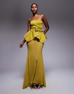 ASOS DESIGN - Hochwertiges Maxikleid aus neoprenartigem Stoff in Grün mit Korsett, durchscheinendem Rock und Taillengürt...