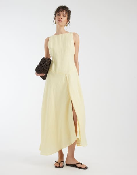 ASOS DESIGN – Hochwertiges Midikleid aus 100% Leinen in Zitronengelb mit U-Boot-Ausschnitt und asymmetrischer, tiefer Taille - view 1
