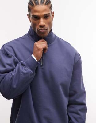 Hochwertiges Oversize-Sweatshirt aus schwerem Stoff in Dunkelblau mit kurzem Reißverschluss, 400 g/m² Blau XL