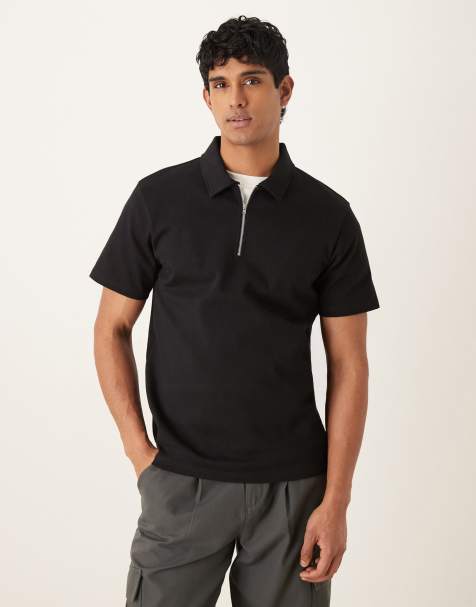 ASOS DESIGN – Hochwertiges Regular-Fit-Polohemd aus Interlock-Stoff in Schwarz mit Reißverschluss - view 1