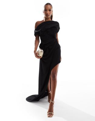 ASOS DESIGN - Hochwertiges, schulterfreies Kleid in Schwarz mit seitlichem Zierschnitt und Schleppe