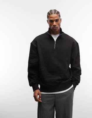 Hochwertiges, schweres Oversize-Sweatshirt in Schwarz mit kurzem Reißverschluss, 400 g/m² Schwarz S