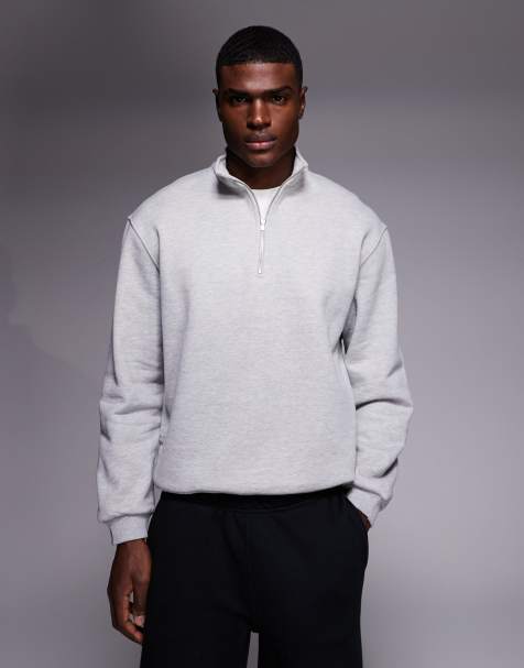 ASOS DESIGN – Hochwertiges Sweatshirt aus schwerem Material in meliertem Grau mit kurzem Reißverschluss, 400 g/m² - view 1