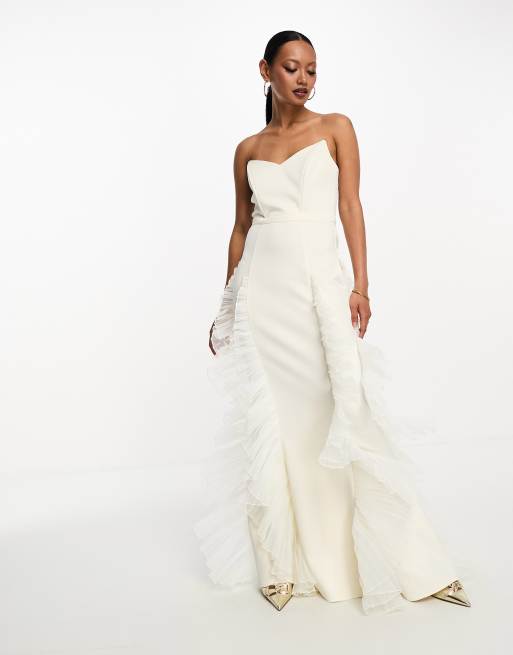ASOS DESIGN – Hochwertiges, trägerloses Bodycon-Maxikleid aus Mesh in Creme-Elfenbein mit Raffung