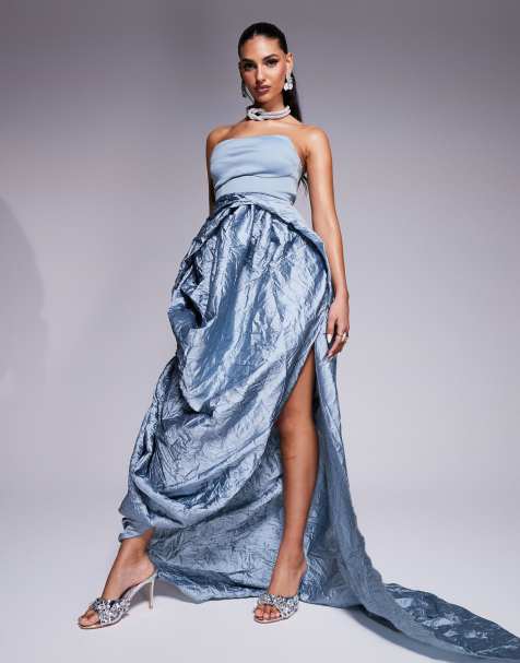 ASOS DESIGN – Hochwertiges, trägerloses Maxikleid in Blau mit strukturiertem Taftrock - view 1