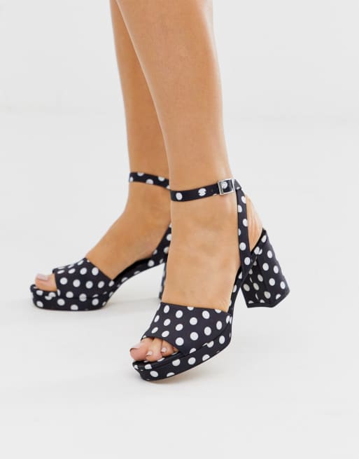 ASOS DESIGN Hockey platform heeled sandals in black and white polka dot