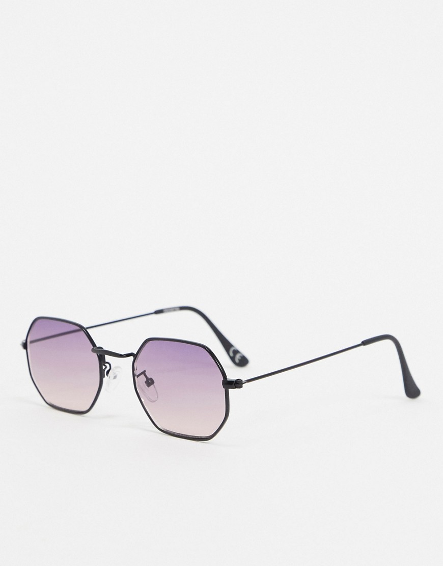 ASOS DESIGN - Hoekige zonnebril in matzwart met paarse glazen met kleurverloop