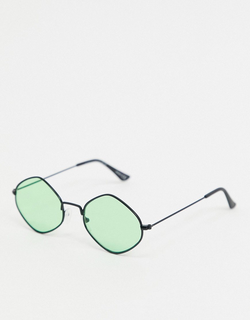 ASOS DESIGN - Hoekige zonnebril van zwart metaal met groene glazen