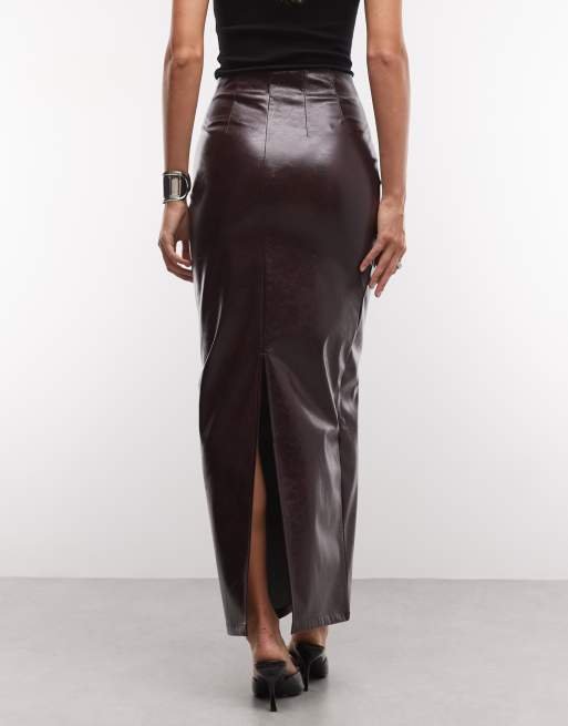 ASOS DESIGN högblank texturerad korsettkjol med sömmar och hög midja maxikjol i burgundy, 5 av 5