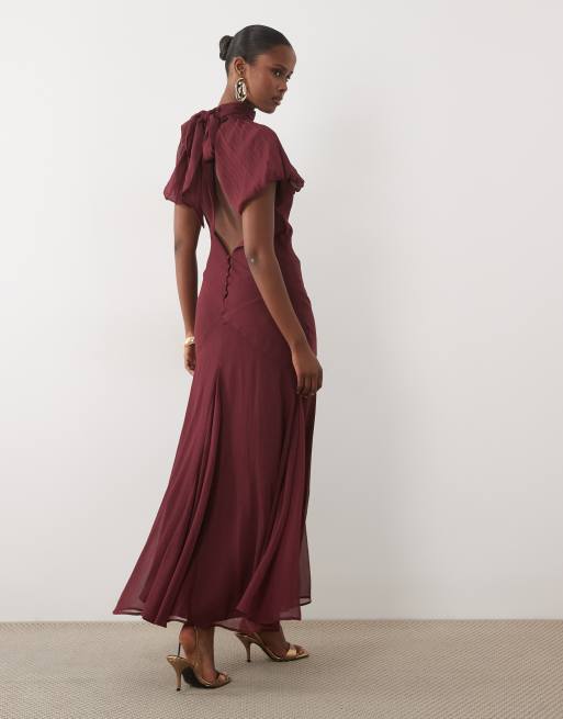 ASOS DESIGN högkragad chiffongmaxiklänning med puffärm i vinröd, 3 av 4