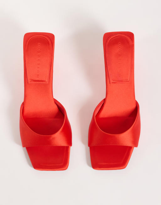 ASOS DESIGN Hola mid wedge mules in red satin, 2 of 4
