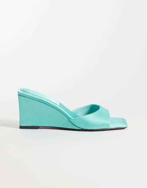 ASOS DESIGN Hola mules de cuña media de satén turquesa - view 1