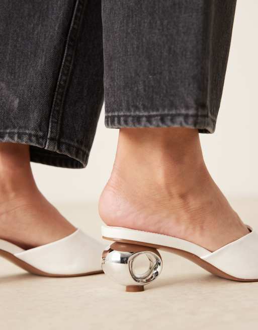 ASOS DESIGN Holbrook metal heel detail heeled mules in white, 3 of 4