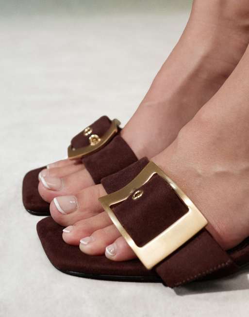 ASOS DESIGN Hold Up buckle detail mid heeled mules in brown, 2 of 4
