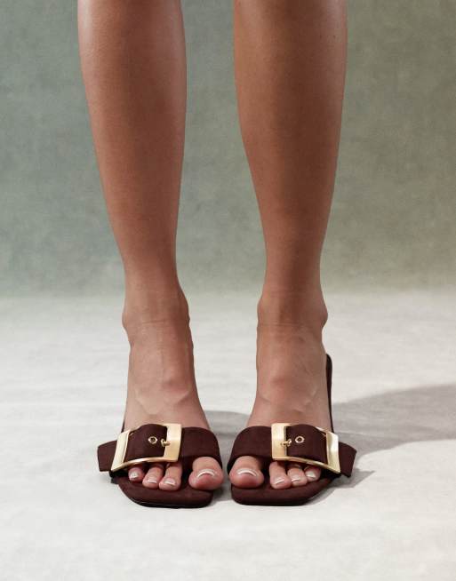 ASOS DESIGN Hold Up buckle detail mid heeled mules in brown ASOS
