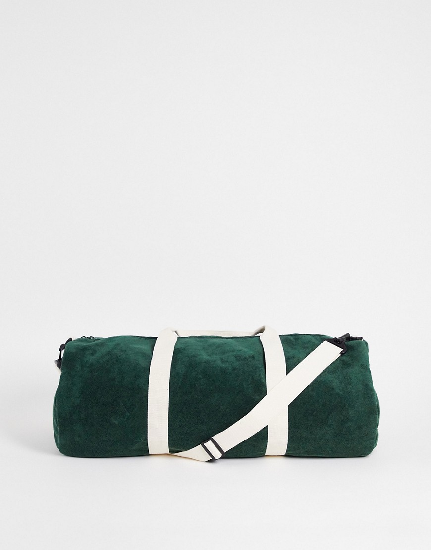 Asos Design Holdall Barrel Bag In Khaki Towelling With Shoulder Strap 37 Liters-green