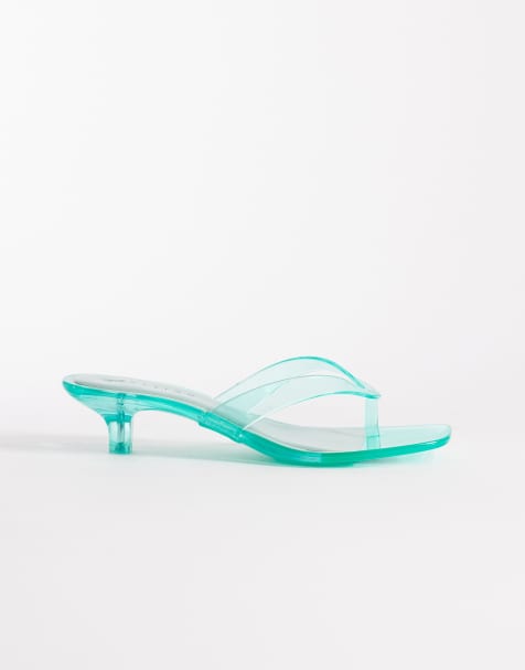 ASOS DESIGN Holiday jelly kitten heel flip flops in green - view 1