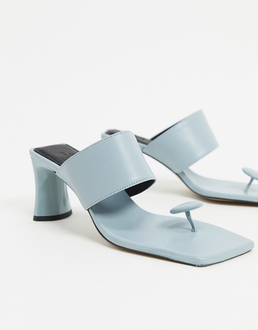 ASOS DESIGN Holiday premium leather toe post mid-heeled sandals in blue