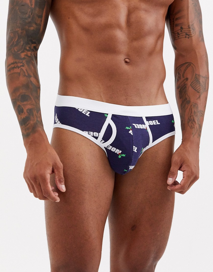 ASOS DESIGN Holidays brief in navy with noel print-Blue