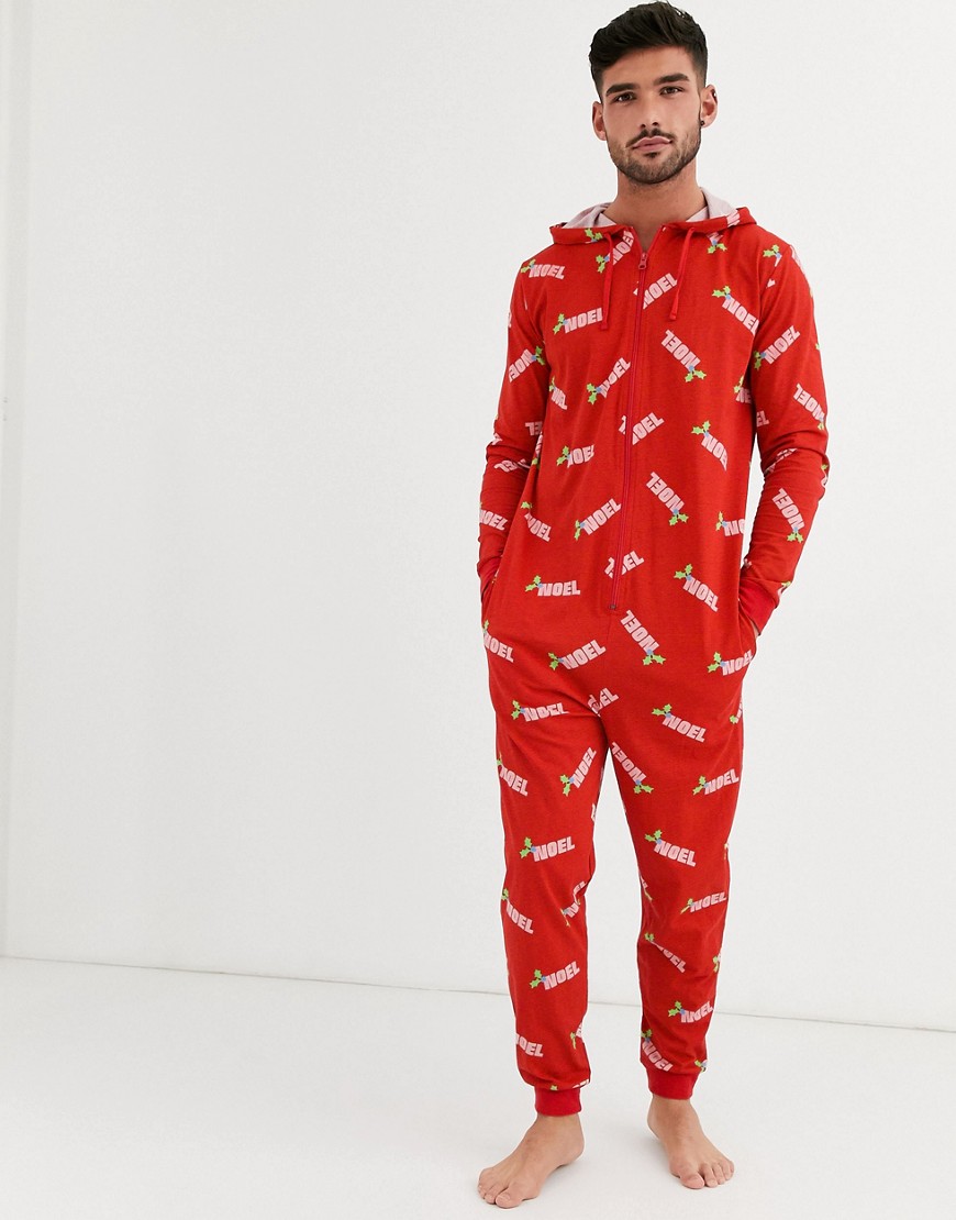 ASOS DESIGN Holidays hooded lounge onesie in noel print-Red