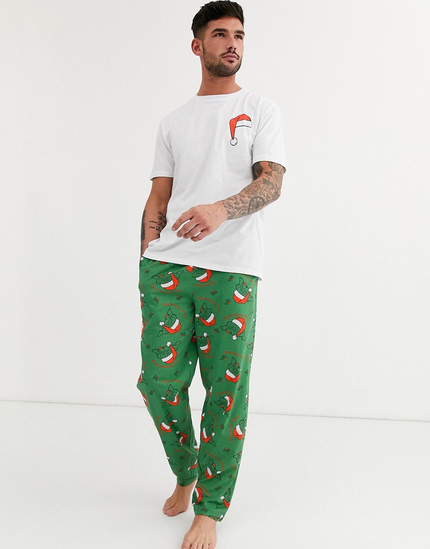 ASOS DESIGN Holidays lounge pyjama bottoms and tshirt set with napping dog print-Green