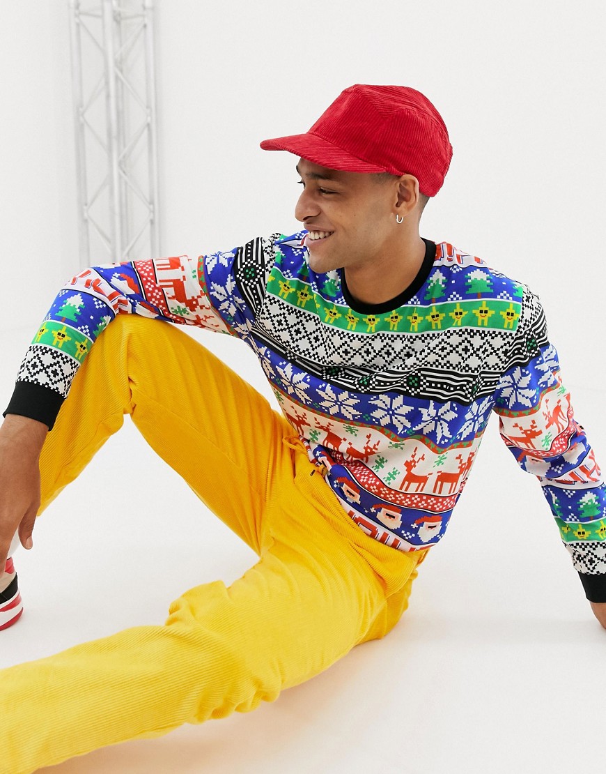 ASOS DESIGN Holidays relaxed long sleeve t-shirt with all over fairisle print-Multi