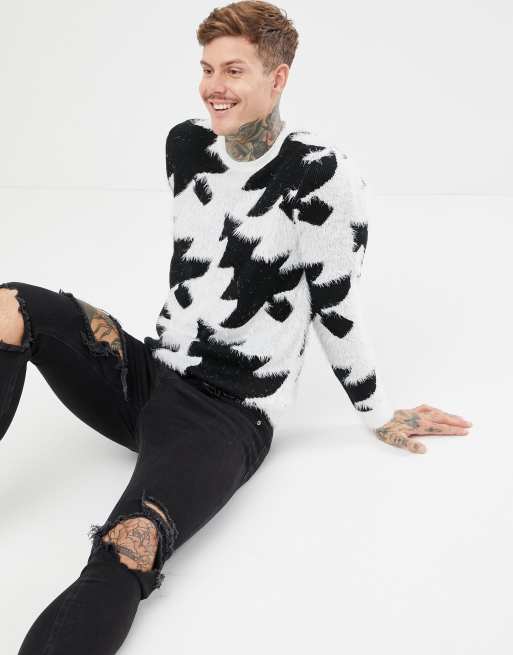 ASOS DESIGN Holidays sweater in fluffy yarn in black white