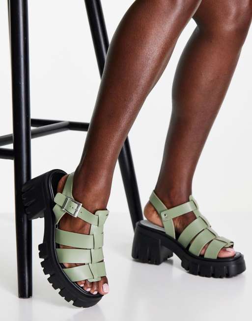 ASOS DESIGN – Hollis – Fischersandalen in Salbeigrün mit mittelhohem Absatz und dicker Sohle  