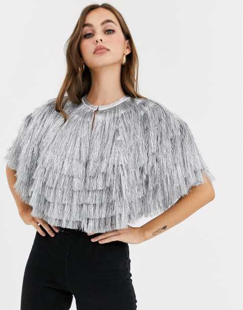 ASOS DESIGN holographic glitter tassel cape in silver