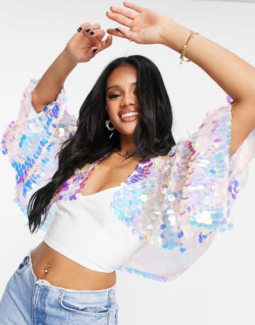 ASOS DESIGN holographic sequin festival cape in multi