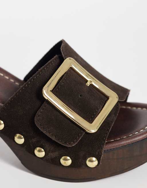 ASOS DESIGN Hometown premium oversized buckle detail heeled mule clogs in chocolate suede, 3 of 4