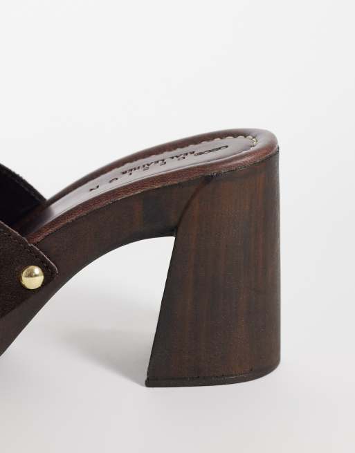 ASOS DESIGN Hometown premium oversized buckle detail heeled mule clogs in chocolate suede, 4 of 4