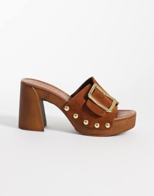 Asos Design Hometown Premium Oversized Buckle Detail Heeled Mule Clogs In Brown