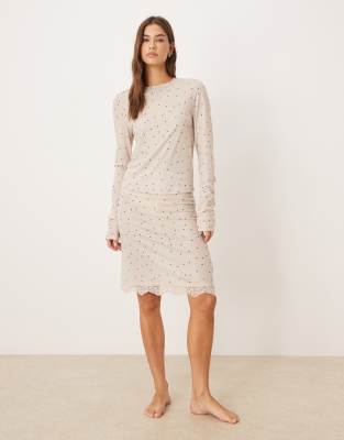 ASOS DESIGN - Honey - Anschmiegsamer, gepunkteter Midirock mit Spitzenbesatz in Creme-Brown