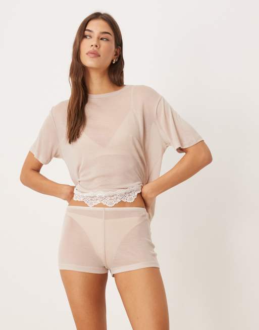 ASOS DESIGN - Honey - Mix en match - Doorschijnende pyjamaset van gladde stof in bruin, 2 van 5