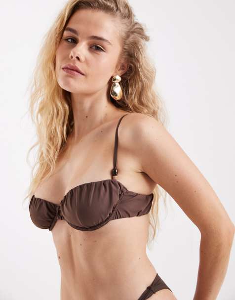 ASOS DESIGN – Honey Piper – Czekoladowobrązowa marszczona góra od bikini z fiszbinami - view 1