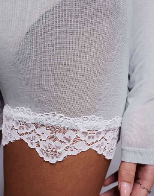 ASOS DESIGN – Honey – Salviagröna, halvskira pyjamasshorts med spetskant, 4 av 5
