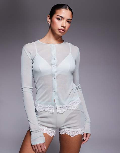 ASOS DESIGN - Honey - Semi-gennemsigtige salviegrønne nattøjsshorts med blondekanter - view 1