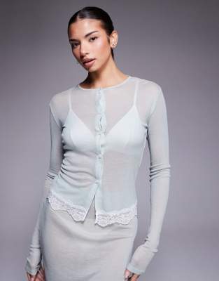 Asos Design Honey Semi Sheer Sleepwear Button Up Cardigan With Lace Trim In Blue