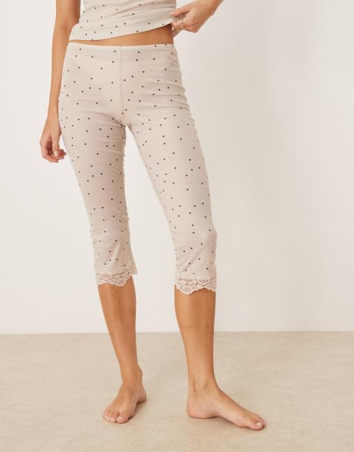 ASOS DESIGN Honey slinky polka dot capri pant pyjama with lace trim in cream, 2 of 4