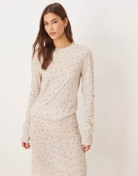 ASOS DESIGN Honey slinky polka dot long sleeve pajama top in cream - view 1
