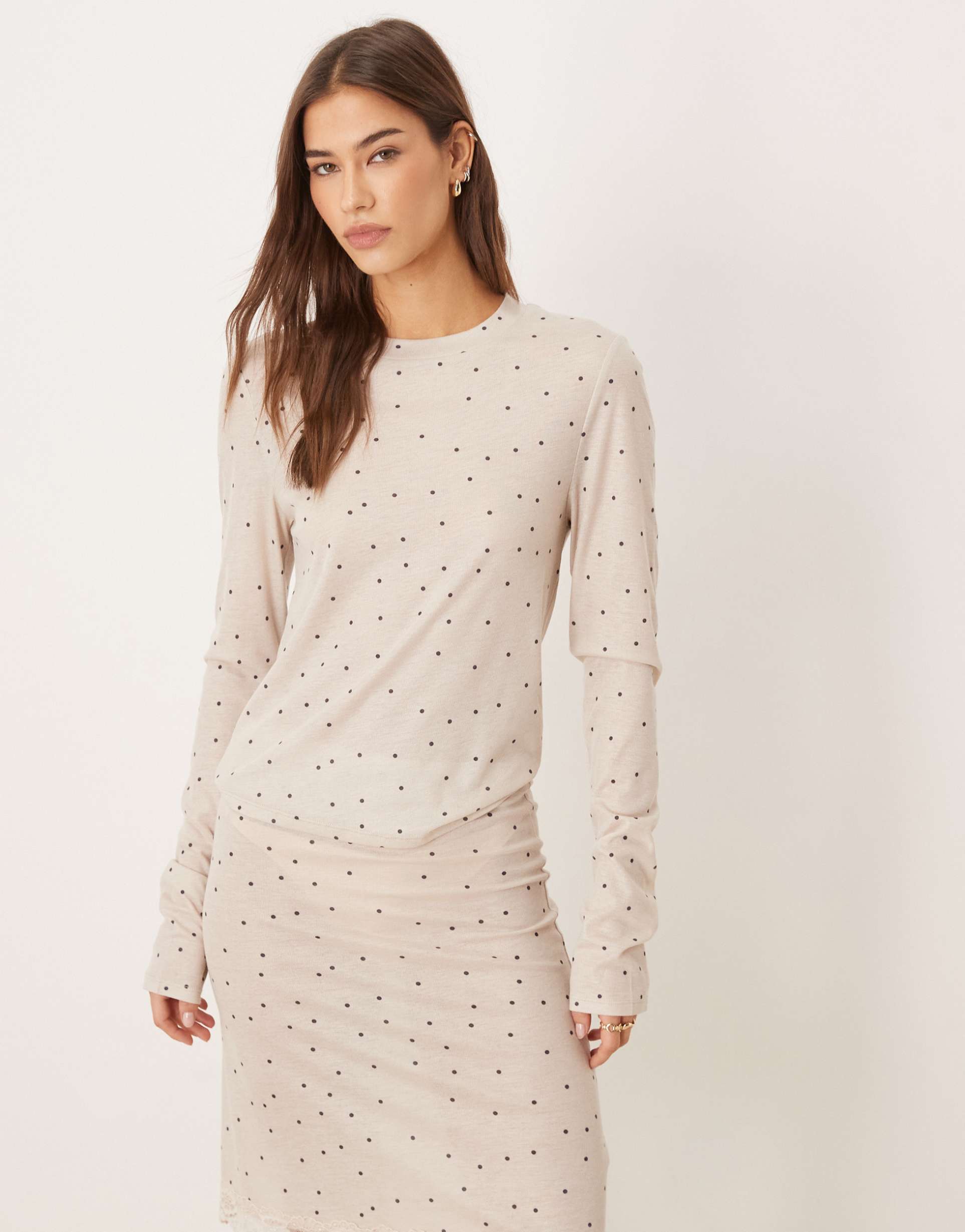 asos design honey slinky polka dot long sleeve pajama top in cream