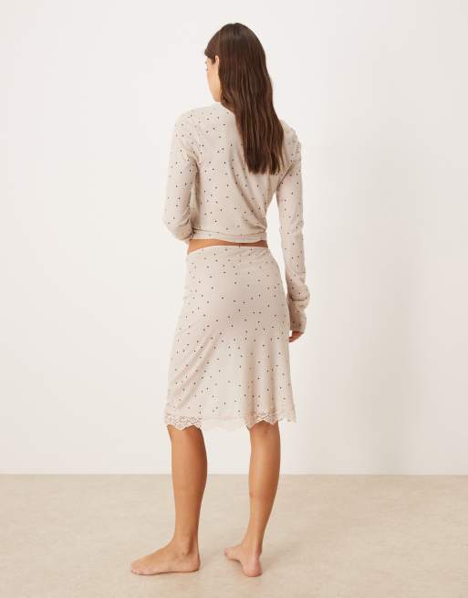 ASOS DESIGN Honey slinky polka dot midi skirt with lace trim in cream, 2 of 5
