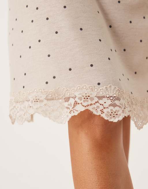 ASOS DESIGN Honey slinky polka dot midi skirt with lace trim in cream, 3 of 5