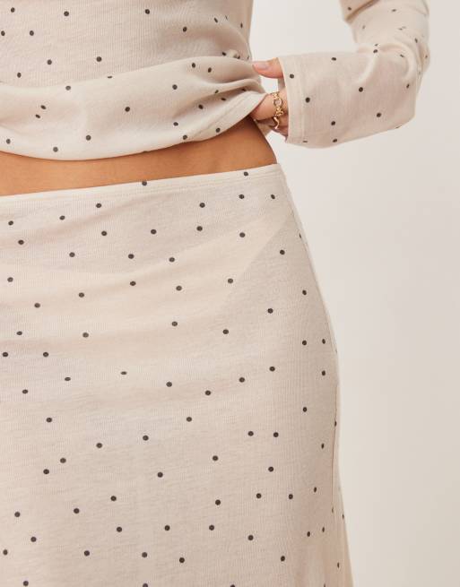 ASOS DESIGN Honey slinky polka dot midi skirt with lace trim in cream, 5 of 5