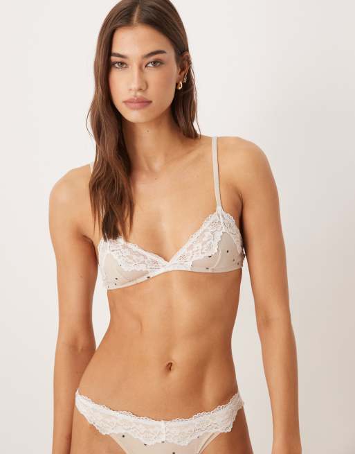ASOS DESIGN - Honey - Soutien-gorge triangle près du corps à pois avec bordure en dentelle - Crème, 3 de 4