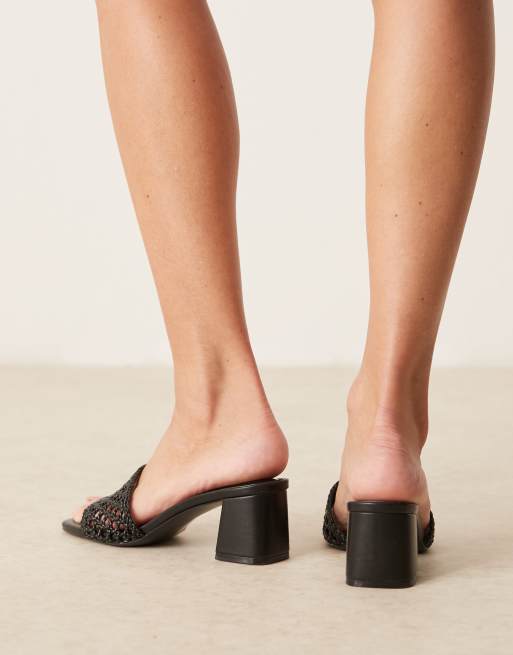 ASOS DESIGN Honeycomb weave detail mid heeled mules in black