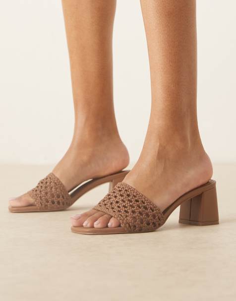 ASOS DESIGN Honeycomb woven detail mid heeled mules in tawny brown - view 1