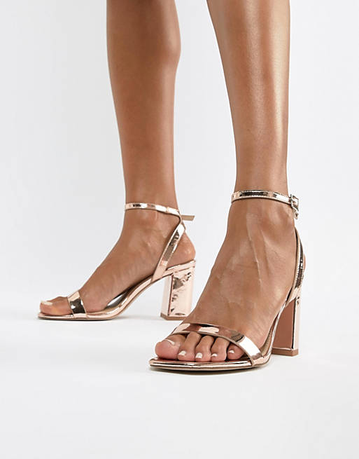 ASOS DESIGN Hong Kong barely there block heeled sandals in rose gold